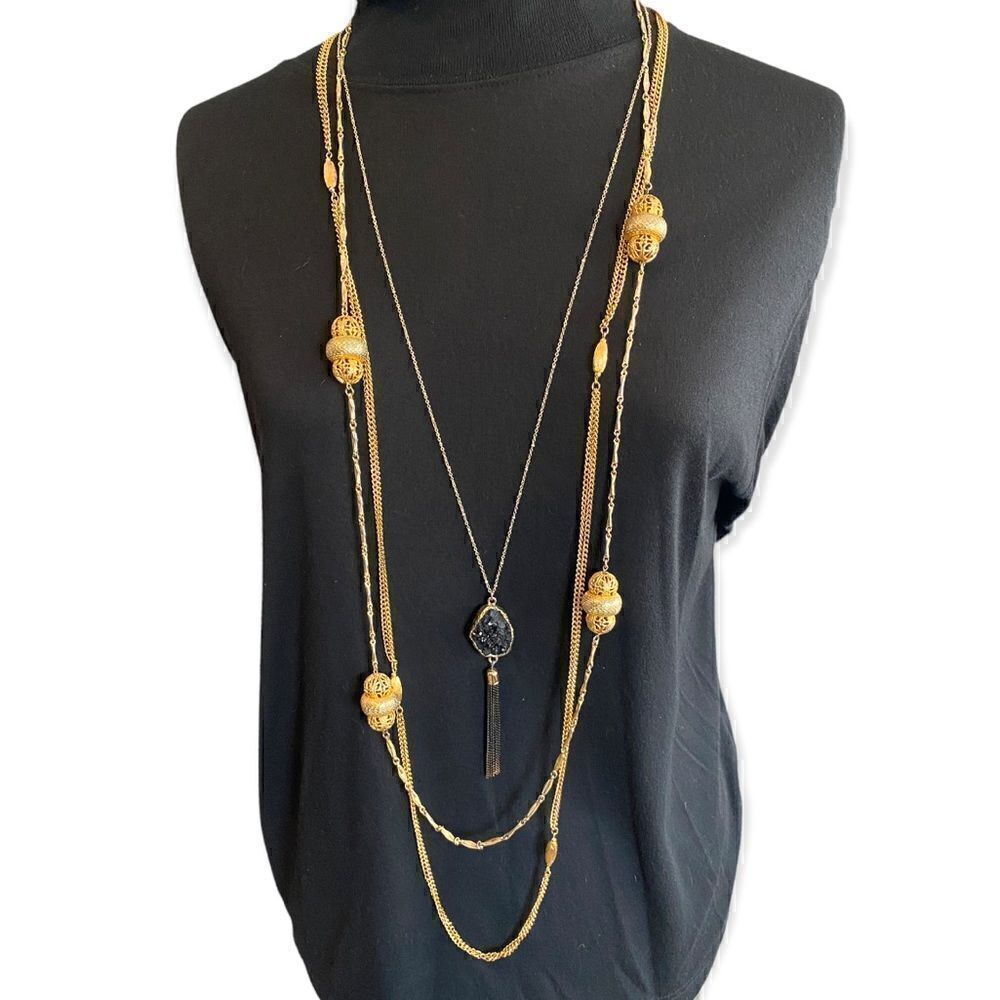 Monet Charming Charlie three gold tone necklaces black stone tassels